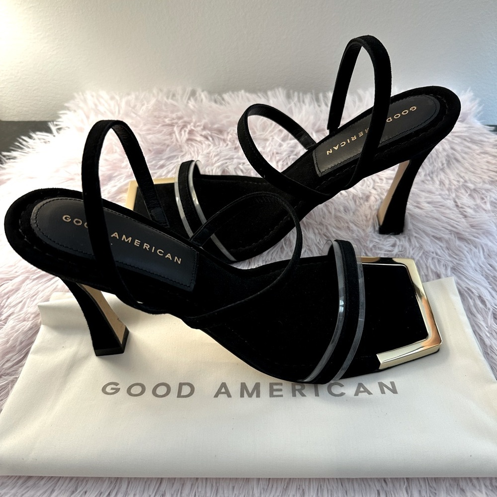 Good American Black Suede stiletto Sandal with Gold tone trim Sz 7.5 - Picture 1 of 6